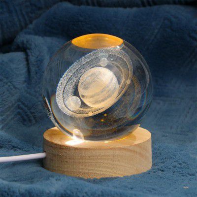 Lexton 3D Saturn Planet Design Decorative Light | 6 LED Lights, Modern Artificial 3D Crystal Ball Shaped with Wooden Base for Astronomy Home Decoration, Birthday Gifts (Pack of 1)