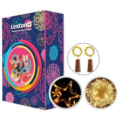 Lexton Combo of 40 Feet LED Decorative String Light & Star Curtain Light & 2pcs- Cork Lights for Festivals Home Decoration Diwali Christmas, Wedding (Warm White, 64 Feet x 3)
