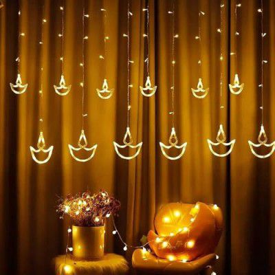 Lexton Diya Curtain String Lights 6 Big Diya and 6 Small Diya with 8 Flashing Modes- Decoration for Home (Warm White), Standard