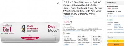 LG 2 Ton 3 Star DUAL Inverter Split AC (Copper, AI Convertible 6-in-1, Diet Mode+, US-Q24SNXE)