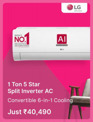 LG 1Ton 5 Star Split Inverter Air Conditioner @ ₹ 40490 in Flipkart Big Billion Days Sale 