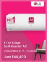  LG 1Ton 5 Star Split Inverter Air Conditioner @ ₹ 40490 in Flipkart Big Billion Days Sale ...