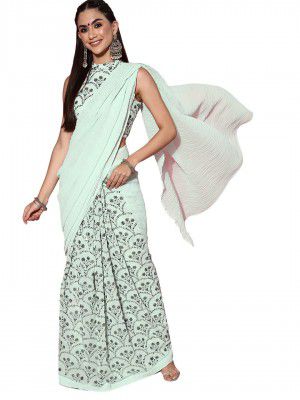 Libas Blue Embellished Georgette Ready to Wear Saree With Stitched Blouse