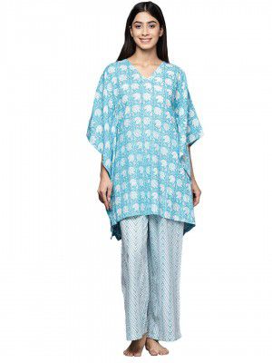 Libas Turquoise Blue Printed Cotton Night Suit
