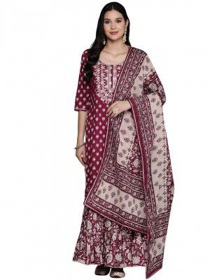 Libas Women's Yoke Design Cotton Straight Kurta With Sharara & Dupatta