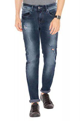 Life by Shoppers Stop Mens 5 Pocket Heavy Wash Distressed Jeans (206225593, Denim Indigo Dark)