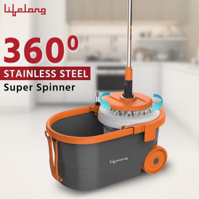 Lifelong 12L Spin Floor Mop Set with Bucket with 360 Degree Spinner, (Orange, LLMOP901)