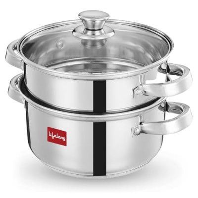 Lifelong 2-Tier Steamer/Momo/Modak Maker with Glass Lid & Riveted Handles | 20 cm Stainless Steel Multi-Purpose Cooking Steamer (LLMOM01)
