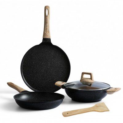 Lifelong 3 Piece Die-Cast Cookware Set With Common Lid & Wooden Spatula|