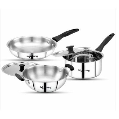 Lifelong 3 Piece Stainless Steel Cookware Set | 2.2L Kadhai with Lid 22cm | 1.4L Fry Pan 22cm | 1.2L Saucepan 16cm | Comes with Two Lid | Induction & Gas Compatible | Bakelite Handles