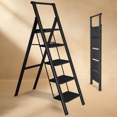 Lifelong 5 Steps Steel Ladder with Handle for Home, with 150 Kg Capacity (LLSLH05, Black)