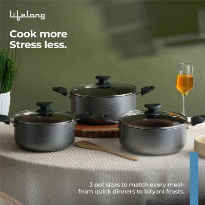 Lifelong Biryani Pot with Glass Lid | Set of 3 (LLBYPOT01N, Grey)