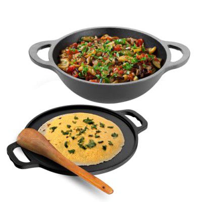 Lifelong Cast Iron Dosa Tawa & Kadai with Wooden Spatula | 2 Count,Black