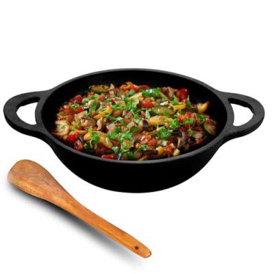Lifelong Cast Iron Kadhai 24cm with Wooden Spatula | 3.3L, 2.4kg | Perfect for Cooking, Searing & Stewing