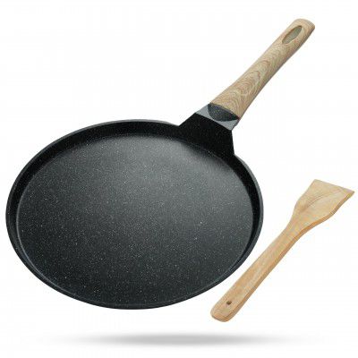 Lifelong Die-cast Flat Roti Tawa with Wooden Finish Handle & Spatula for Dosa,(LLDCT28)