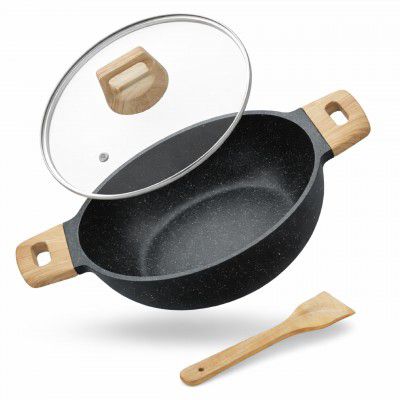 Lifelong Die-Cast Kadhai 24cm with Glass Lid & Wooden Spatula | 1.9L