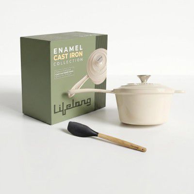 Lifelong Enamel Cast Iron Saucepan with Lid (1.9L, 20cm) (Ivory)