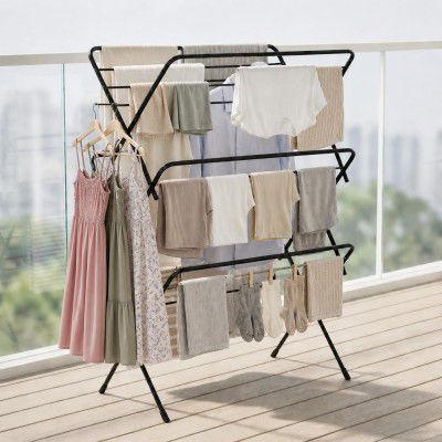 Lifelong Foldable Alloy Steel Cloth Drying Stand for Balcony|3-Tier Heavy Duty Laundry Rack for Indoor & Outdoor