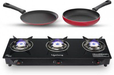 Lifelong Gas Stove Combo - 3 Burner Gas Cooktop + Flat tawa + Fry Pan Top Glass Manual Gas Stove  (3 Burners)