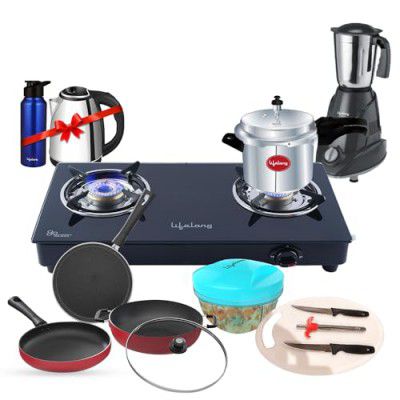 Lifelong Kitchen Set 2-Burner Gas Stove, 3-Piece Cookware Set, 500W Mixer Grinder, 3L Pressure Cooker, 1.5L Electric Kettle, Water Bottle with Chopper, Chopping Board, Knives & Gas Lighter (LLCMBGS01)
