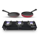 Lifelong LLCMBGS03 Manual Ignition High Efficiency 3 Burner Glass Top Gas stove For LPG Use with Dosa Tawa and Fry Pan combo (Black)...