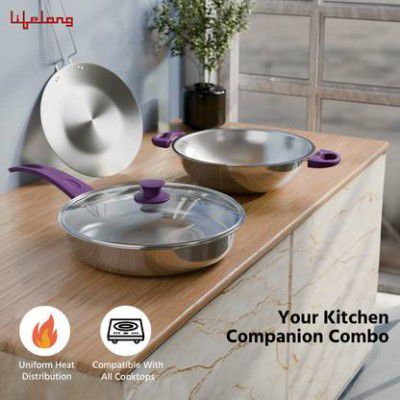 Lifelong LLTPC7 Combo Kadhai,Fry Pan (22 CM), Roti Tawa Induction Bottom Cookware Set (Triply, 3 - Piece)