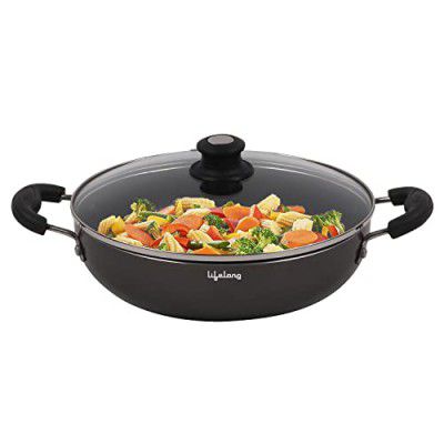 Lifelong Non-Stick 2 litre Kadhai with Glass Lid, 24 cm, Black/Grey (Induction and Gas Compatible)