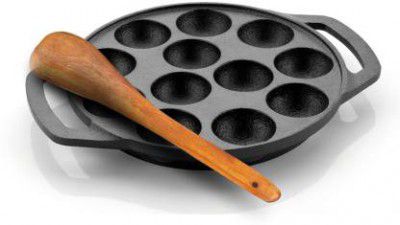Lifelong Pre-Seasoned Paniyaram Pan With Wooden Spatula, 12 Pits Naturally Non Stick Paniarakkal 1 L capacity 21 cm diameter  (Cast Iron, Induction Bottom)