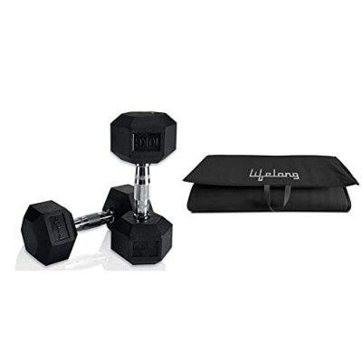 Lifelong PVC Home Gym Set 20kg Plate Set (10Kg Hex Dumbbell)+Lifelong 10mm Extra Thick Yoga and Exercise Mat (Hand Washable & Anti Slip) Comfortable Support