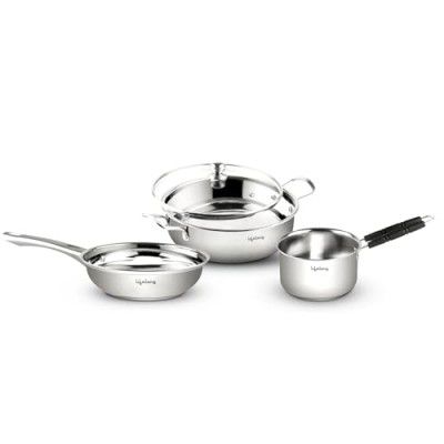 Lifelong Stainless Steel Kadai, Frypan & Saucepan for Cooking | 22 cm Kadai & Fry Pan 22 cm with Glass Lid | 14 cm Sauce Pan (Silver, LLSSKFS01)