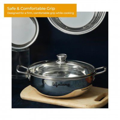 Lifelong Stainless Steel Heavy Bottom Saucepan with Glass Lid | 18cm, 2.25 L | (LLSSP18, Silver), 2250 ml