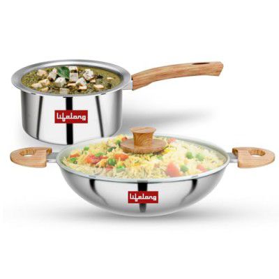 Lifelong TriPly Combo Kadhai with Lid and Sauce Pan, Cookware Set Kadai - 20 cm, Sauce Pan - 16 cm, Induction Bottom and Gas Stove Cookware - (Silver, LLTPC15)