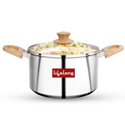 Lifelong Triply Sauce Pan Cooking Pot with Glass Lid, 20cm, 3.25 L | Soft Touch Handles, Ideal(Silver, LLTPCP22)