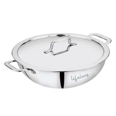 Lifelong Triply Stainless Steel Kadai with Stainless Steel Lid 1.8 L Capacity (22 cm Diameter, Induction and Gas Stove Friendly)