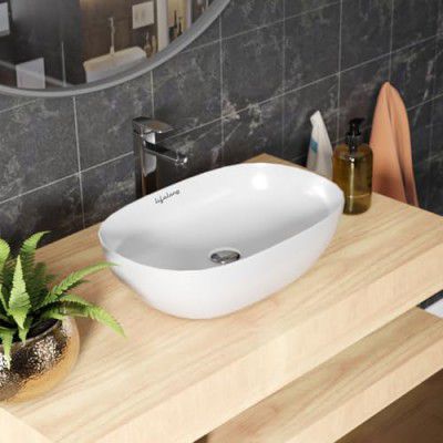 Lifelong Wash Basin for Bathroom - Tabletop Washbasin - Ceramic Glossy Oval Countertop Vessel Sink Ideal, Dining Hall & Vanity 61x38x13 cm (White, LLHIPB04)
