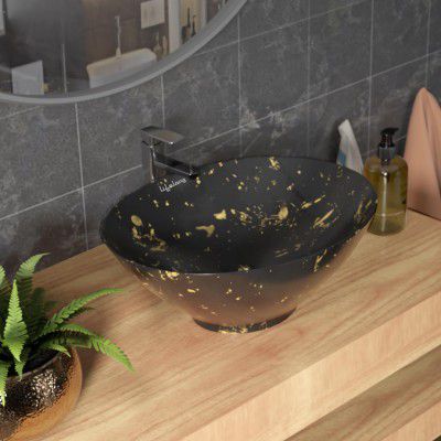 Lifelong Wash Basin for Bathroom - Tabletop Washbasin - Ceramic Glossy Oval Countertop Vessel Sink Ideal 33x41x16 cm (Black and Gold, LLHIBM10)