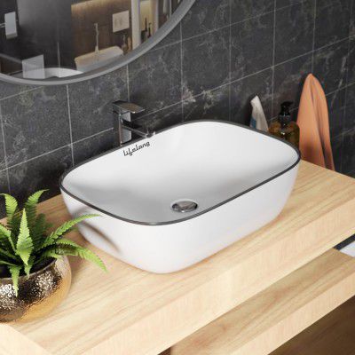 Lifelong Wash Basin for Bathroom - Tabletop Washbasin - Ceramic Glossy Round Countertop Vessel Sink Ideal for Bathroom, Dining Hall & Vanity 33x46x15 cm (Black and White, LLHISB02)