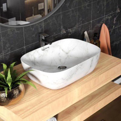 Lifelong Wash Basin for Bathroom - Tabletop Washbasin - Ceramic Glossy Round Countertop Vessel Sink Ideal, Dining Hall & Vanity 33x46x16 cm (White and Grey, LLHIBM06)