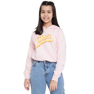 Lil Tomatoes Girls Regular Fit Printed Hood Neck Cotton Fleece Sweatshirt Pink