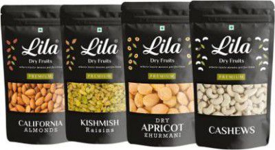 lila dry fruits Premium Quality Cashew Nuts, Raisins, California Almonds, Dry Apricot Each 250gm | Kaju , Badam, Khumani, Kishmish combo| Budget Combo Pack | Dry Fruits Combo | 1Kg Almonds, Cashews, R
