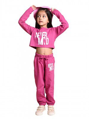 LILPICKS Girls Never Mind Printed Crop Top with Jogger Set (Pink)