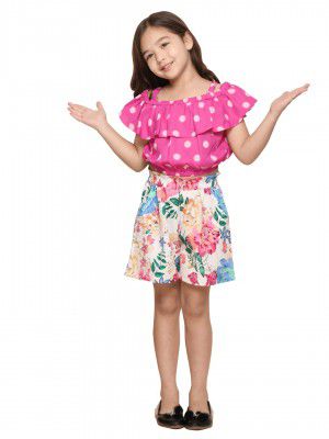 LILPICKS Girl's Polka Flutter Top with Floral Shorts (Lavender)