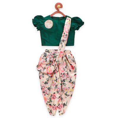 LILPICKS Girls' Satin Floral Print Puff Sleeves Top Dhoti Saree Set (Green & Multicolor)