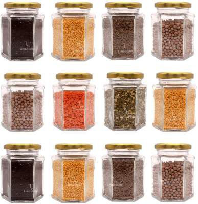 LIMBAKSHIT Set of 12 Hexagon Glass Jar & Container with Golden lid (250 ml) with Rust Proof Air Tight Lid