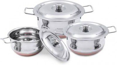 LIMETRO STEEL 3 Pieces Stainless Steel Handi Set with Lid / Cookware Set (Stainless Steel, 3 - Piece)