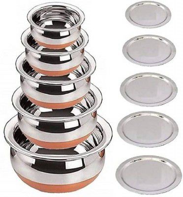 LIMETRO STEEL Copper Base Handi with Lid / Urli Set Cookware Set (Stainless Steel, 5 - Piece)