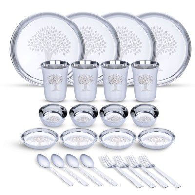 Limetro Steel Stainless Steel Dinner Set for 4 Persons | Complete Indian Thali Set with Plates, Bowls/Katori, Glass, Spoon & Fork | Tree Design Steel Dinnerware for Home (Set of 24- Serves 4)