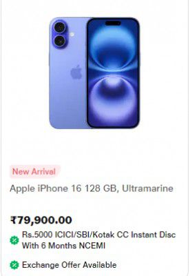 Limited Time Deal : Apple Iphone 16 [ ₹5000 Discount with ICICI/SBI/Kotak CC 6 Months No Cost EMIs]