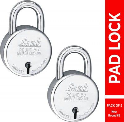 Link 65mm New Round |Lever|Double Locking|50k Key Combinations (Pack of 2) Padlock  (Silver)