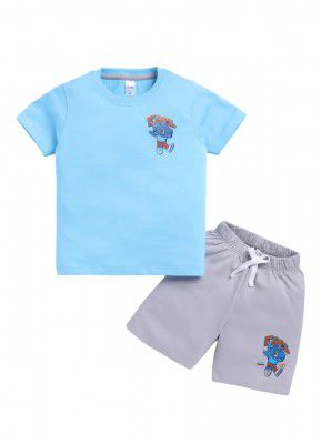 LITTLE NINJA Cotton Half Sleeves Shark Printed Tee & Shorts Set - Multi Colour